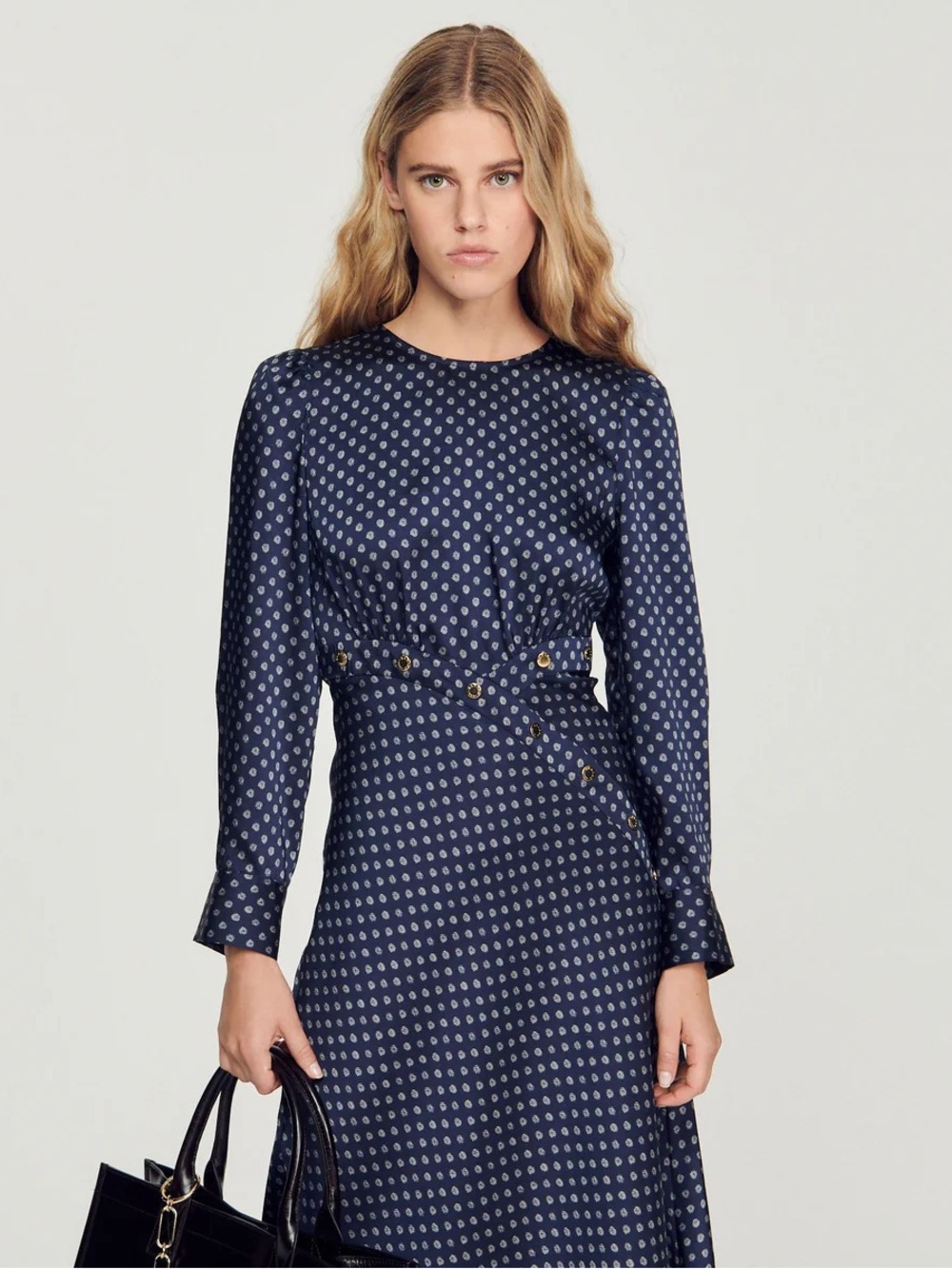Sandro Elegant Navy Blue Long-Sleeve Midi Dress with Button Detail